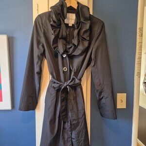 WEATHERPROOF Black Ruffled Collar Coat with Belt